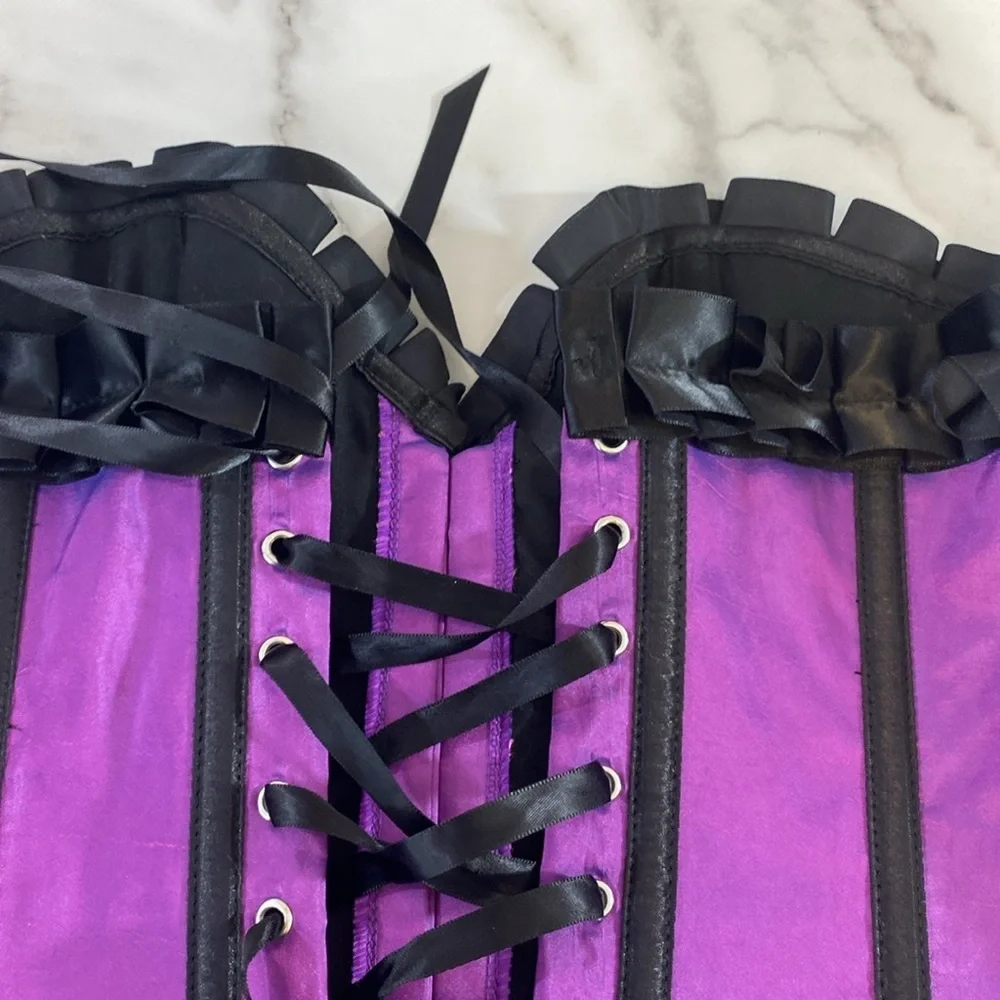 Adore Me Bustier Corset Top Women Size Small Purple Black Strapless Ruffle Boned